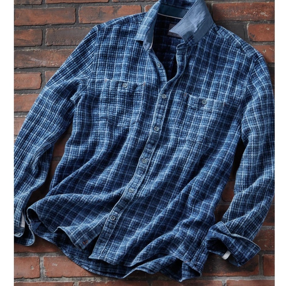 32 BARBLUES Men's Blue Plaid Shirt SIZE Medium - Picture 1 of 16